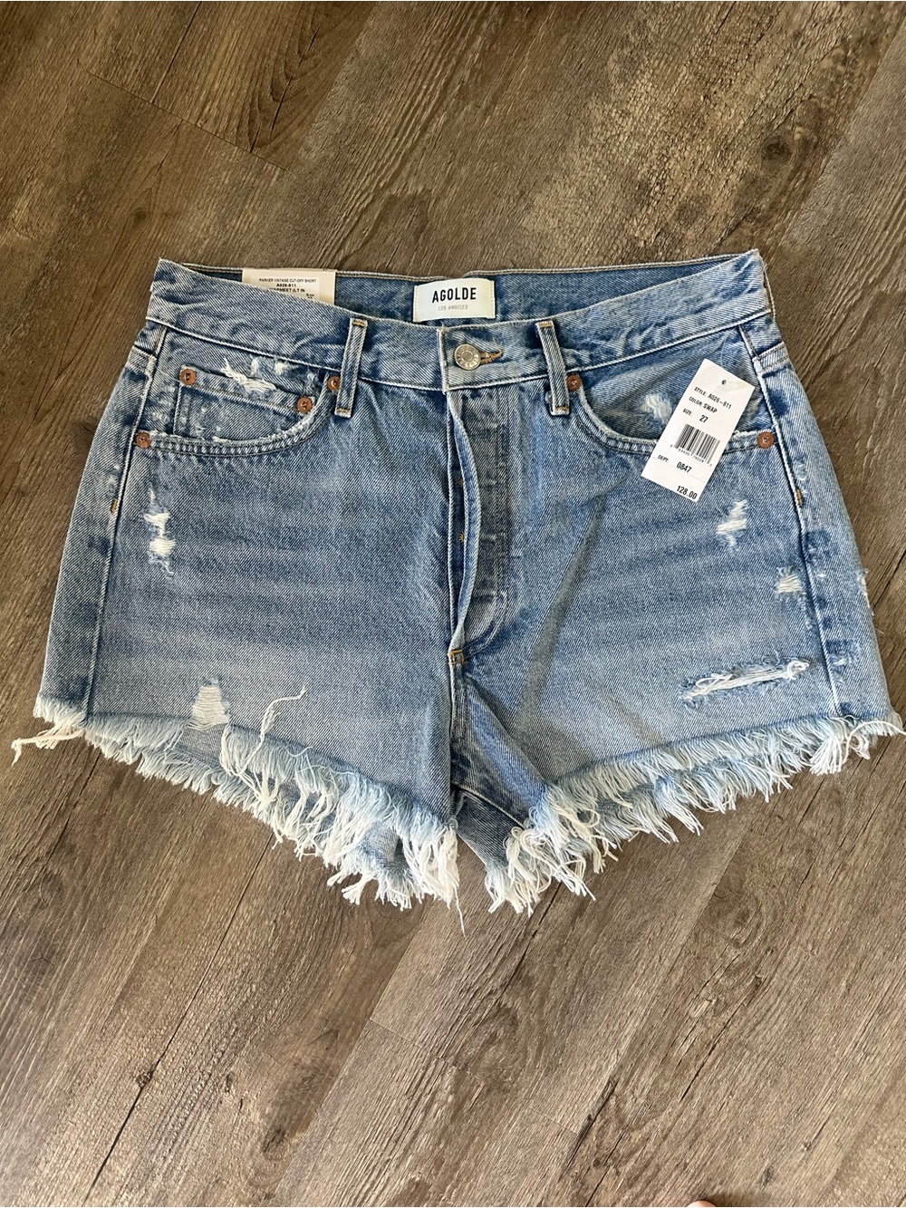 Agolde Light Wash Distressed Fringe Hem Denim Shorts